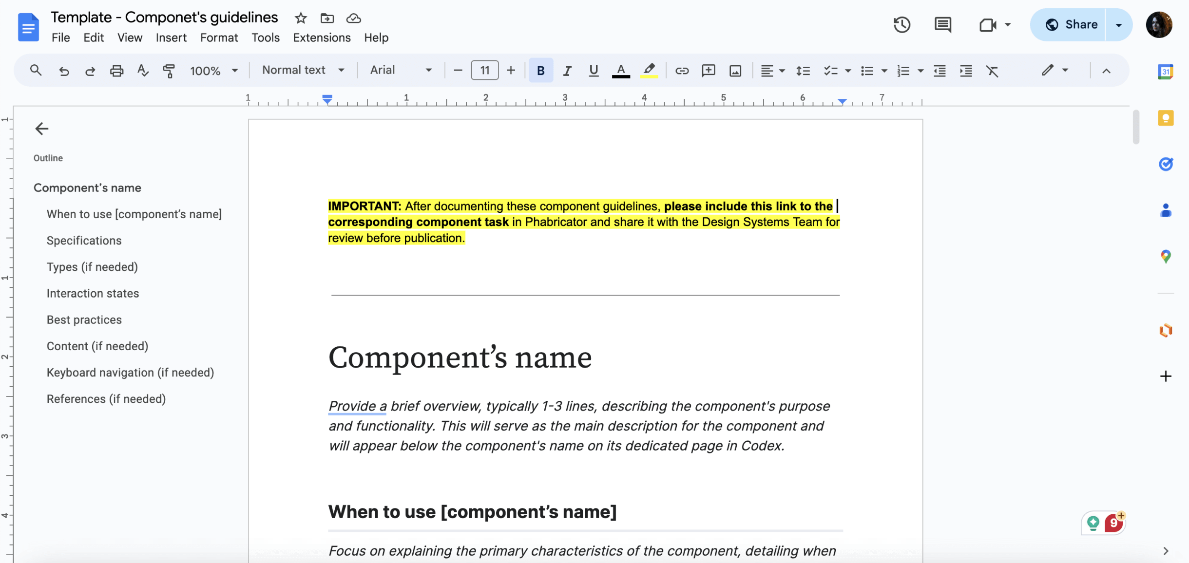 Google Doc template to document the component's guidelines.